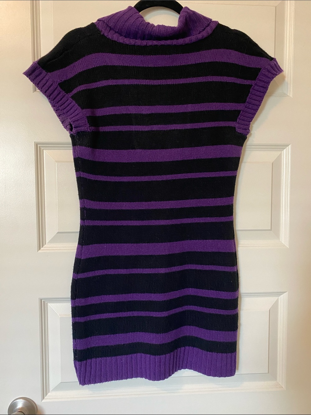 Purple and Black Striped Knit Mini Dress with Shawl Collar - Picture 4 of 4